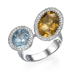 טבעת אבן סיטרין וטופז כחול 8.39 קראט, זהב-לבן 18 קראט, משובצת יהלומים