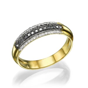 טבעת יהלומים לבנים ושחורים זהב צהוב 9 קראט