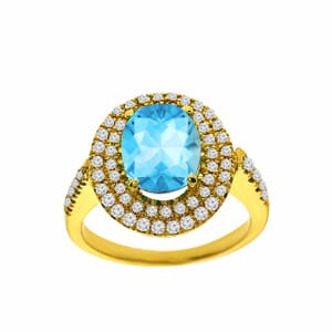 טבעת טופז-כחול 3.37 קראט, זהב-צהוב 14 קראט, משובצת יהלומים