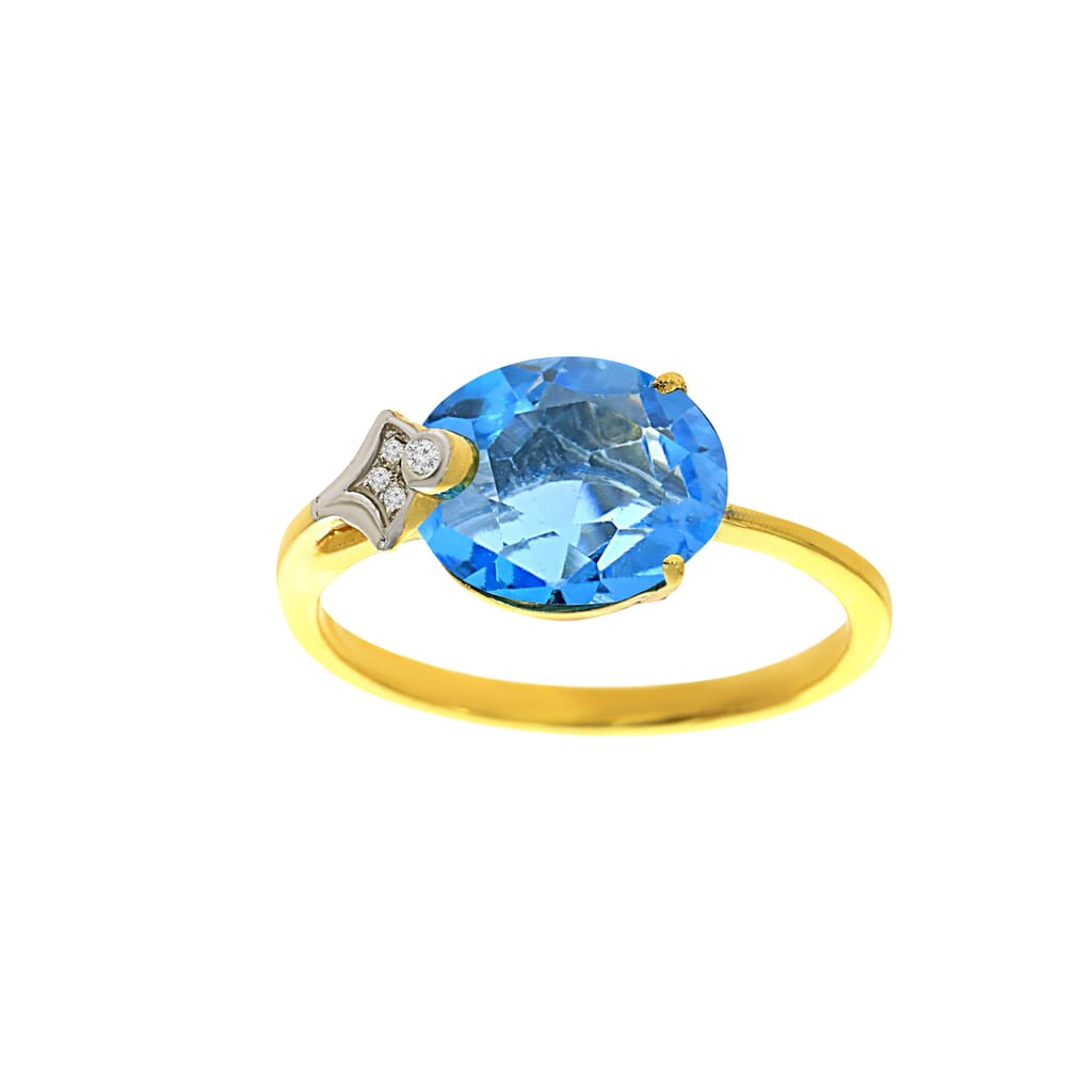 טבעת טופז-כחול 3.07 קראט, זהב-צהוב 14 קראט, משובצת יהלומים
