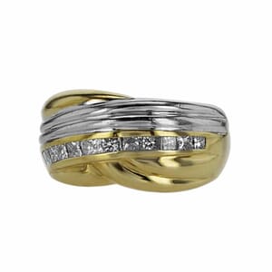 טבעת זהב-לבן משולב זהב-צהוב 18 קראט, משובצת יהלומים